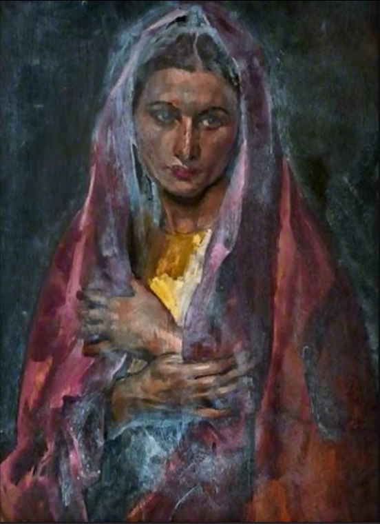 Woman in red silk shawl